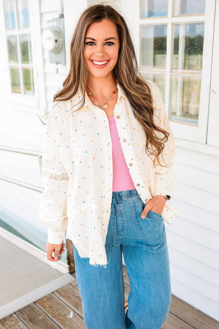 Tia Polka Dots and Lace Gauze Button Down