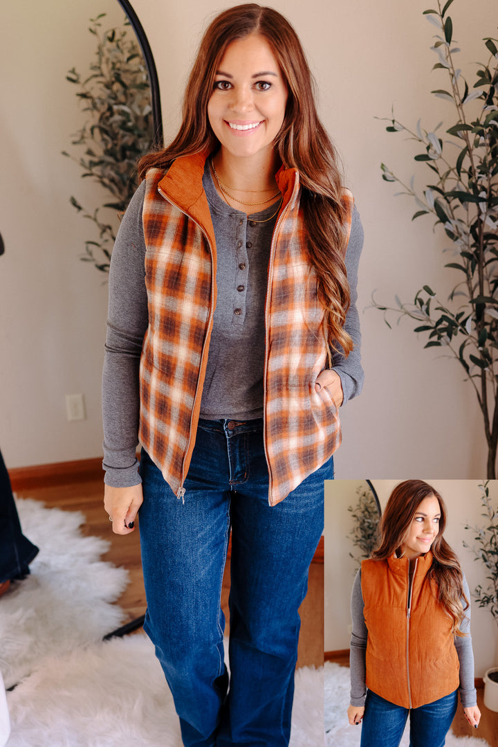 Essie Corduroy & Plaid Reversible Puffer Vest - Pumpkin