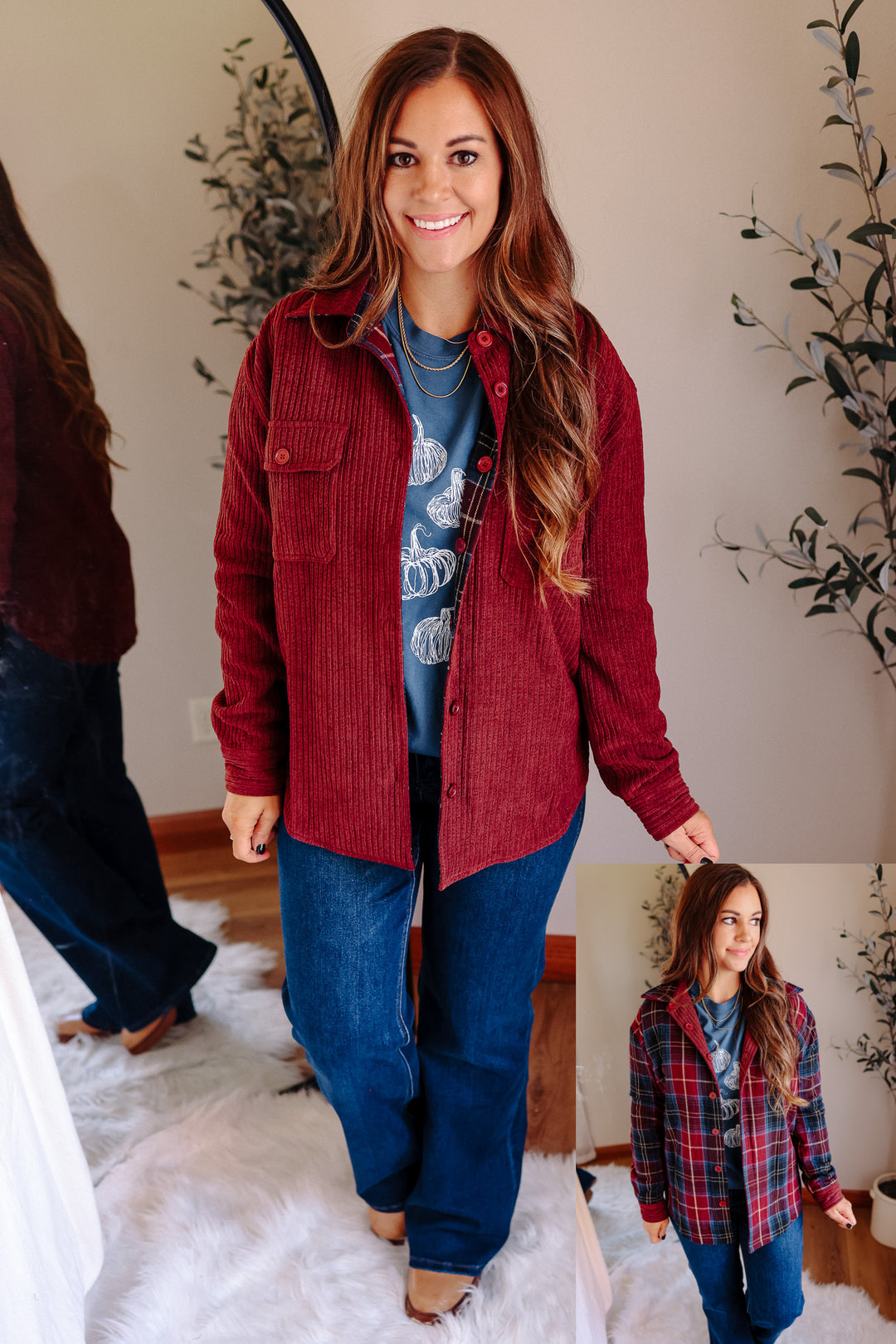 Vailor Reversible Plaid/Corduroy Shacket - Burgundy