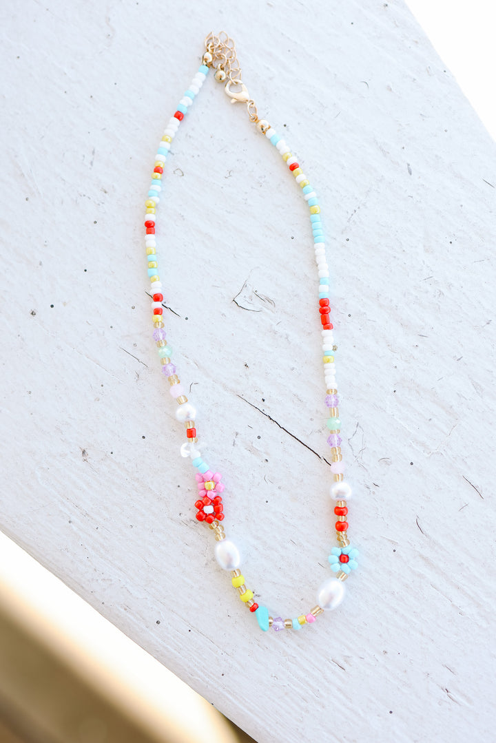 Multi Colored Flower Daisy Pearl Stone Necklace