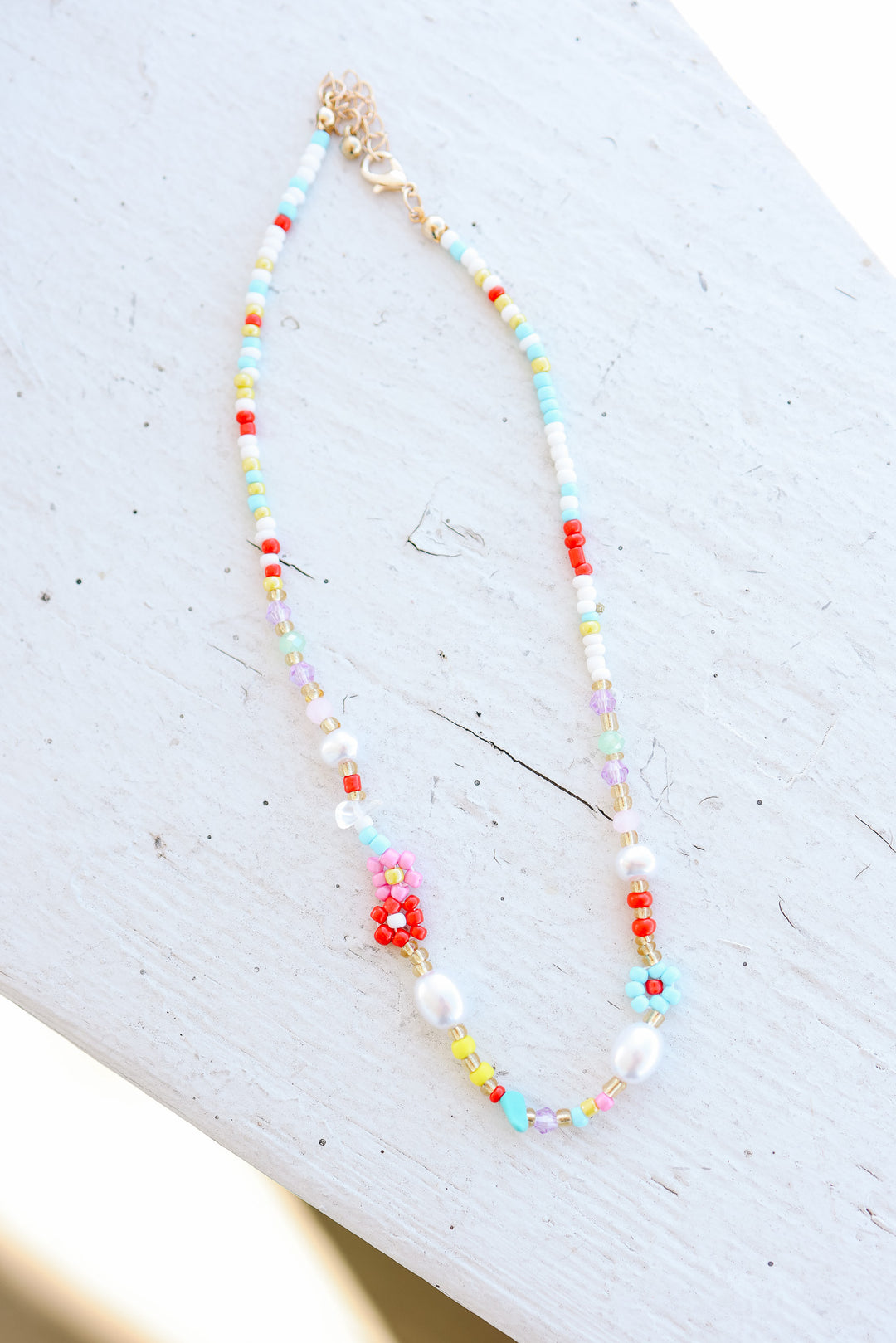 Multi Colored Flower Daisy Pearl Stone Necklace