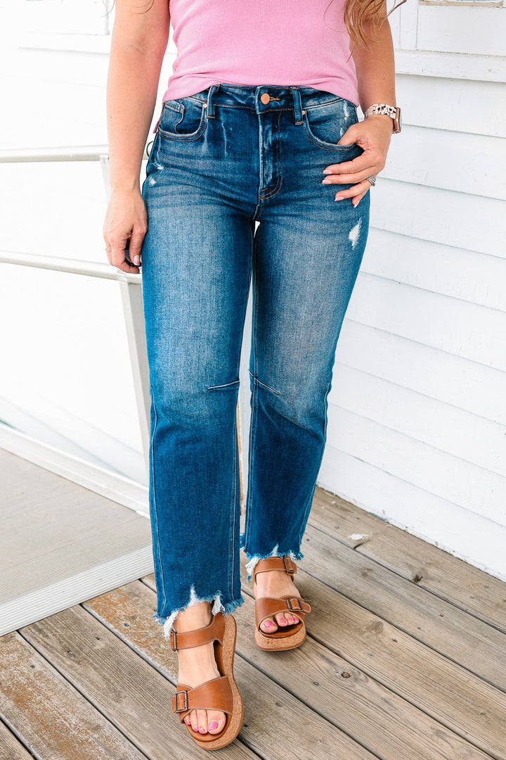 RISEN: MACI HIGH RISE CROP STRAIGHT JEANS - DARK WASH