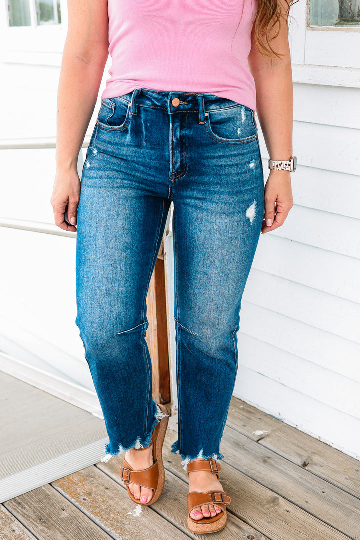 RISEN: MACI HIGH RISE CROP STRAIGHT JEANS - DARK WASH