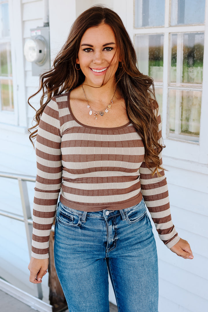 Tinx Seamless Stripe Top - Taupe/Ivory