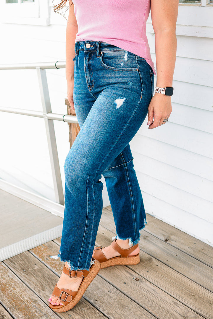 RISEN: MACI HIGH RISE CROP STRAIGHT JEANS - DARK WASH