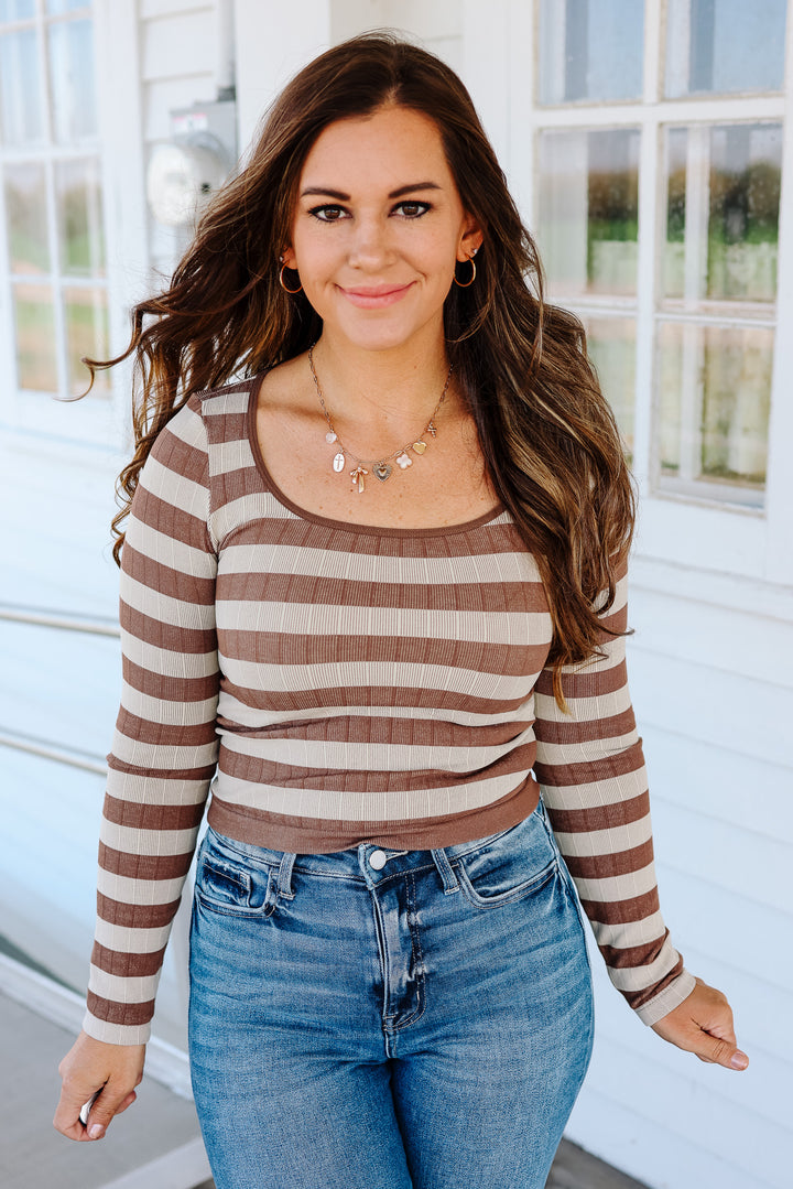 Tinx Seamless Stripe Top - Taupe/Ivory