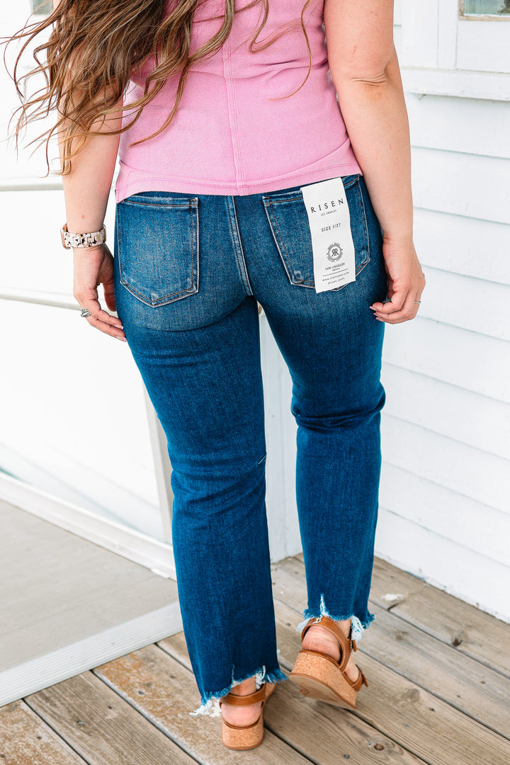 RISEN: MACI HIGH RISE CROP STRAIGHT JEANS - DARK WASH