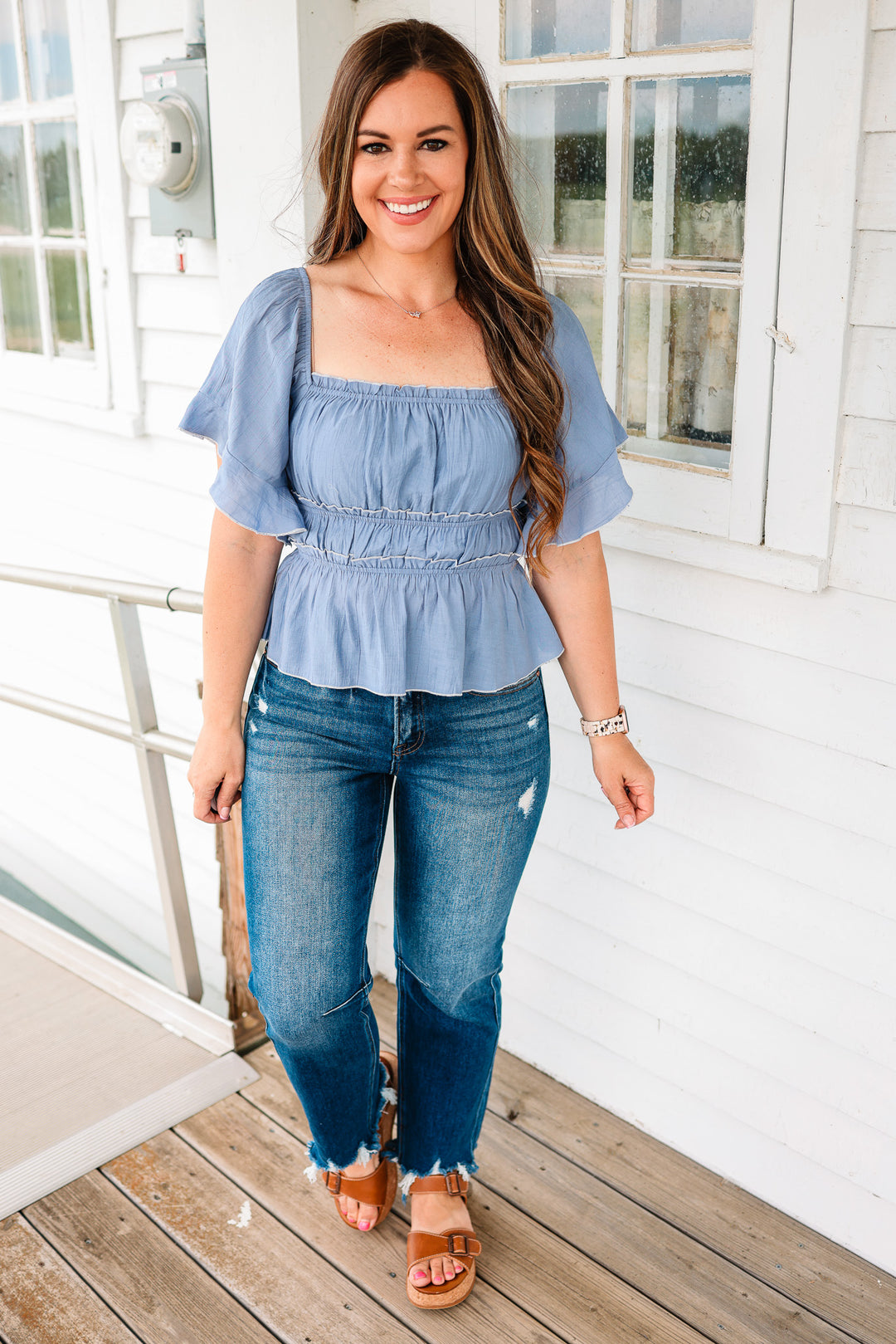 Gianna Flutter Sleeve Top - Dusty Blue