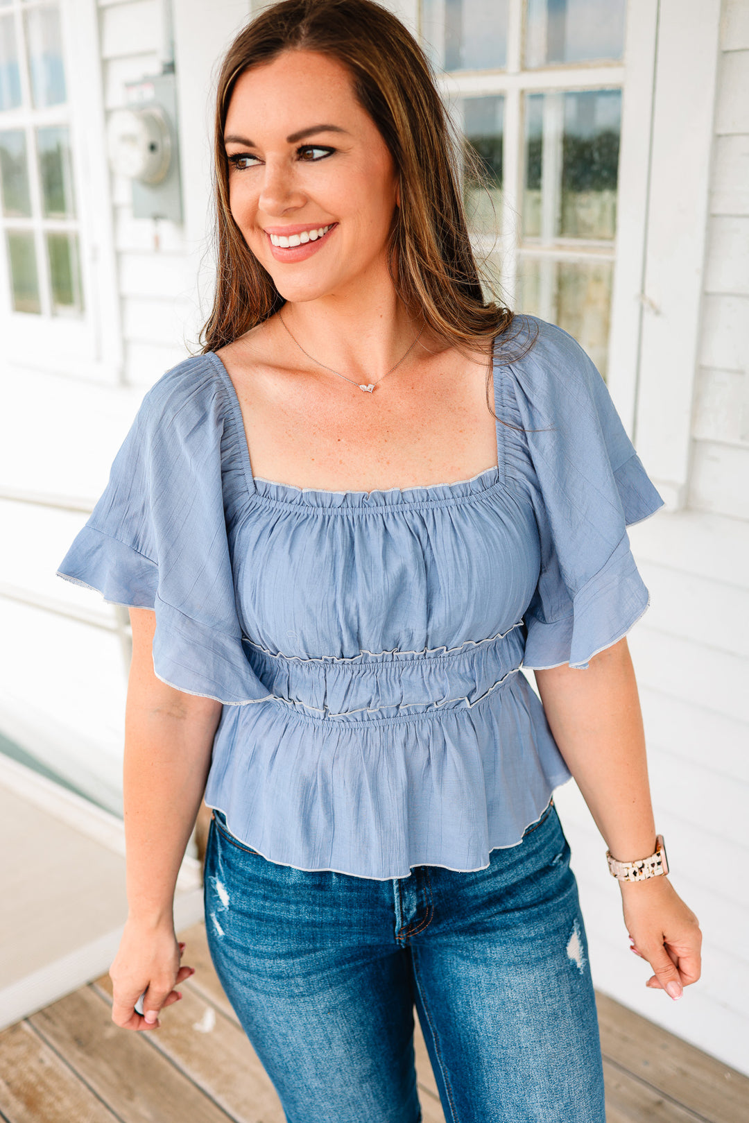 Gianna Flutter Sleeve Top - Dusty Blue
