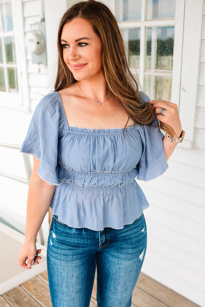 Gianna Flutter Sleeve Top - Dusty Blue