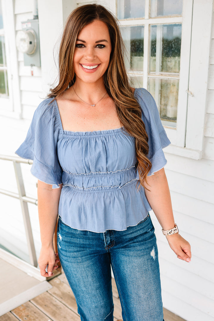 Gianna Flutter Sleeve Top - Dusty Blue