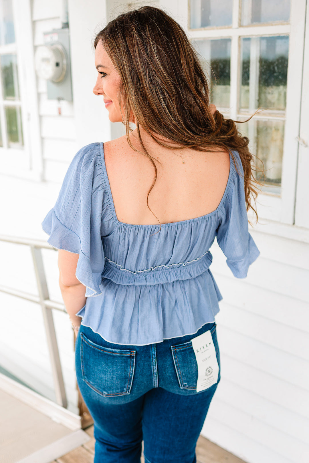 Gianna Flutter Sleeve Top - Dusty Blue
