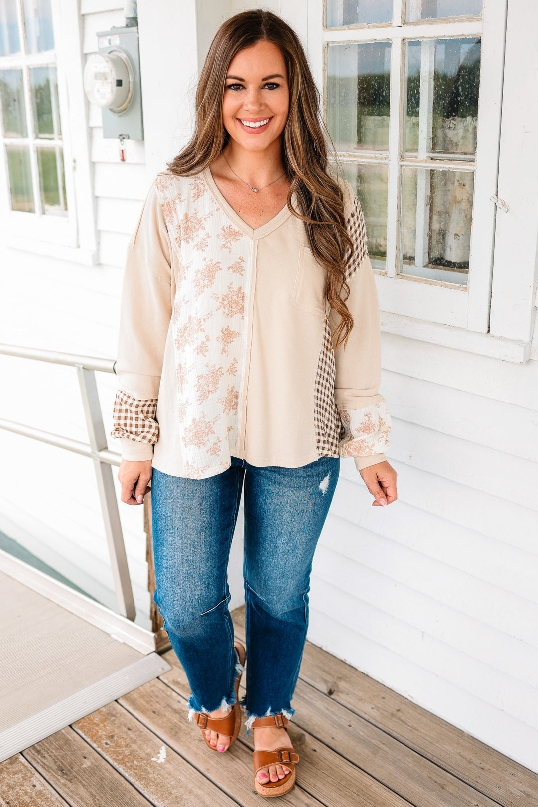 Leah Checker and Flower Mixed Top