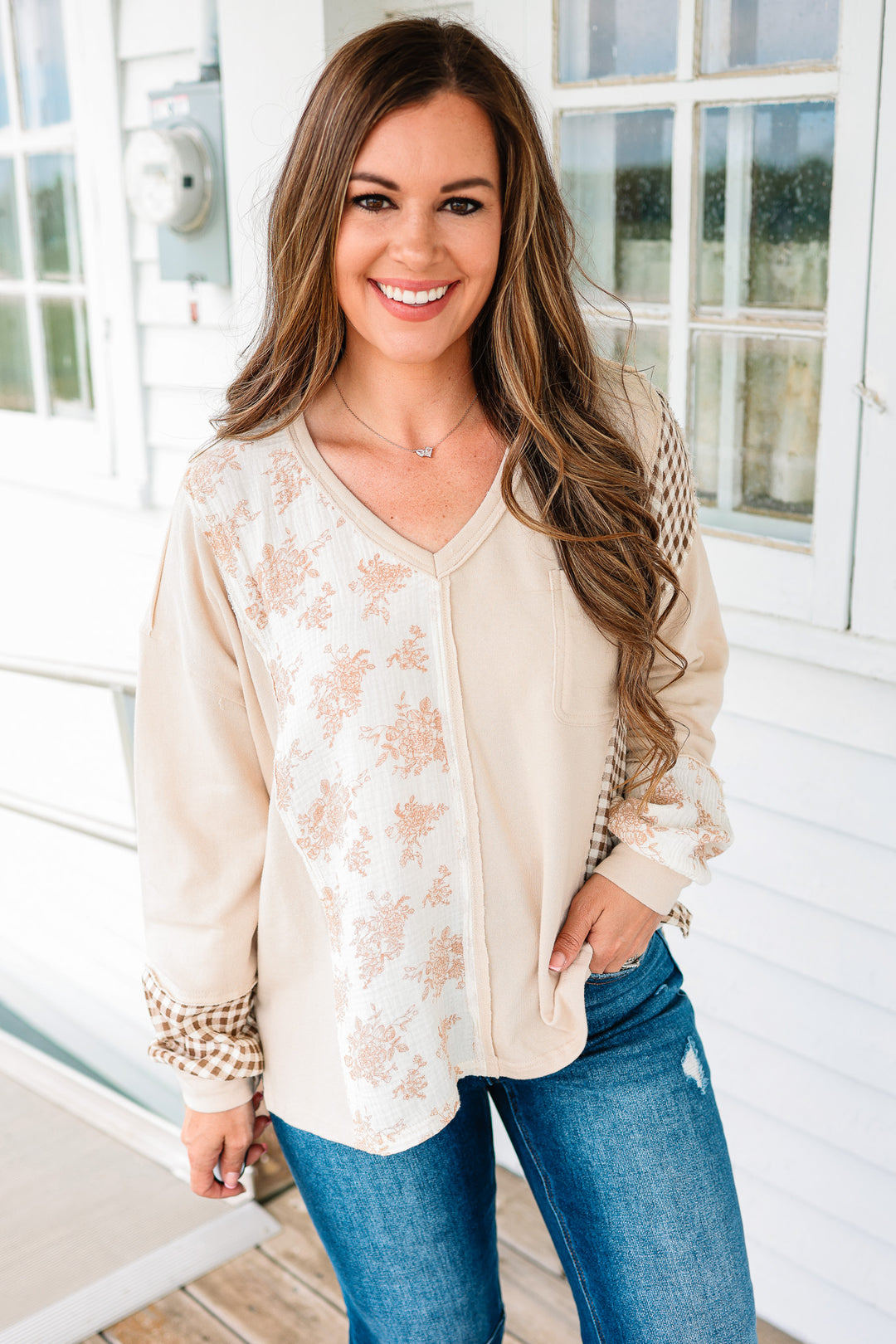 Leah Checker and Flower Mixed Top