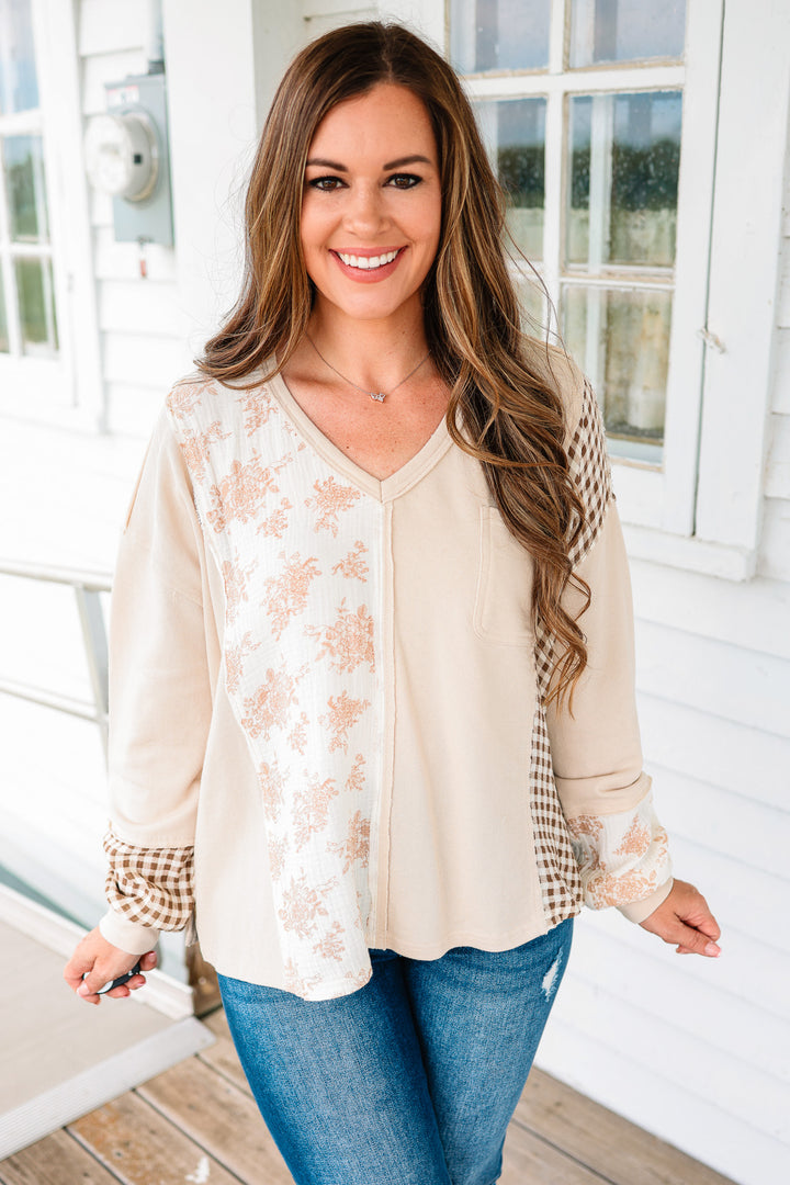 Leah Checker and Flower Mixed Top