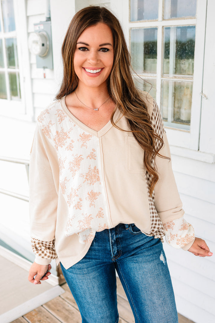 Leah Checker and Flower Mixed Top