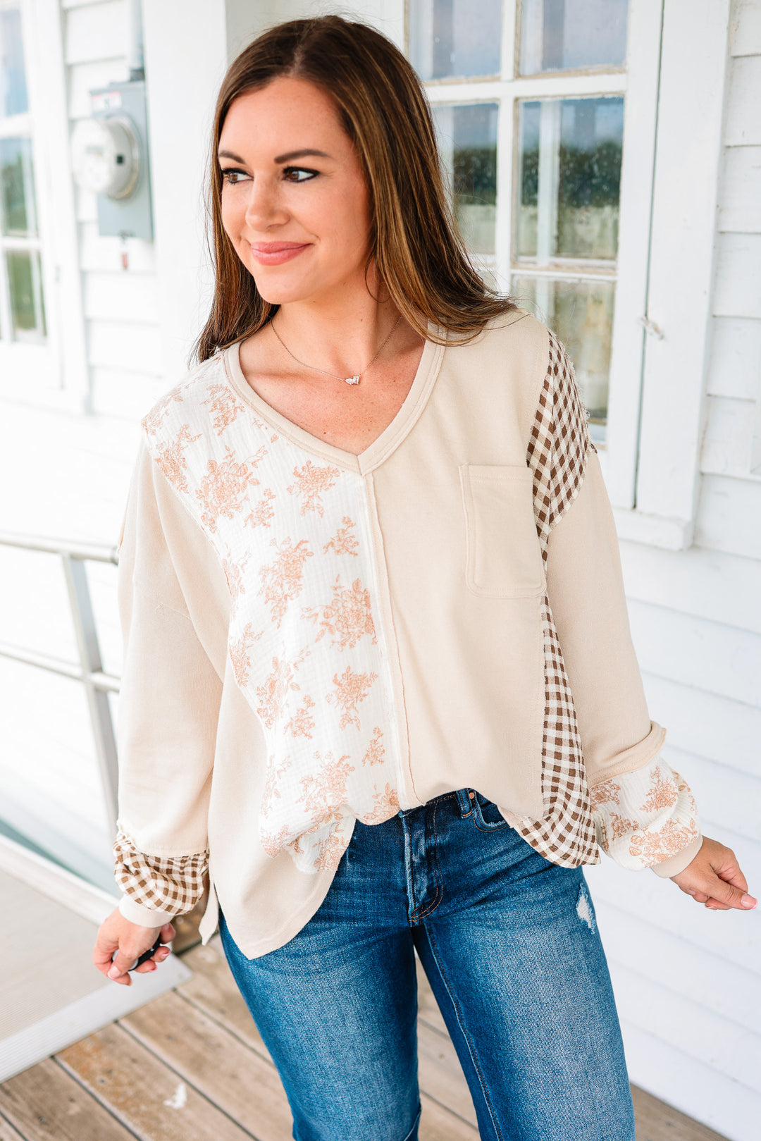 Leah Checker and Flower Mixed Top