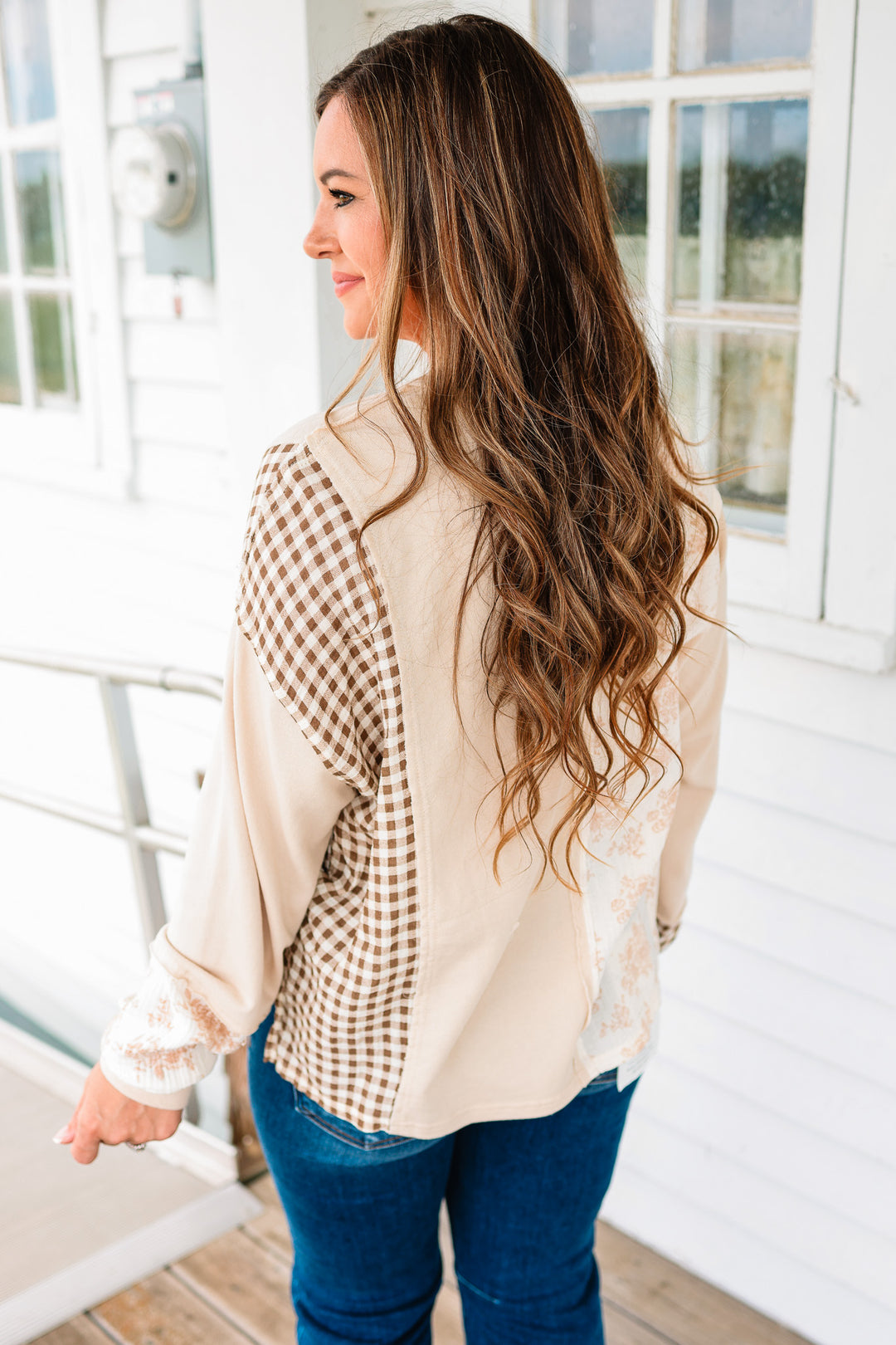 Leah Checker and Flower Mixed Top