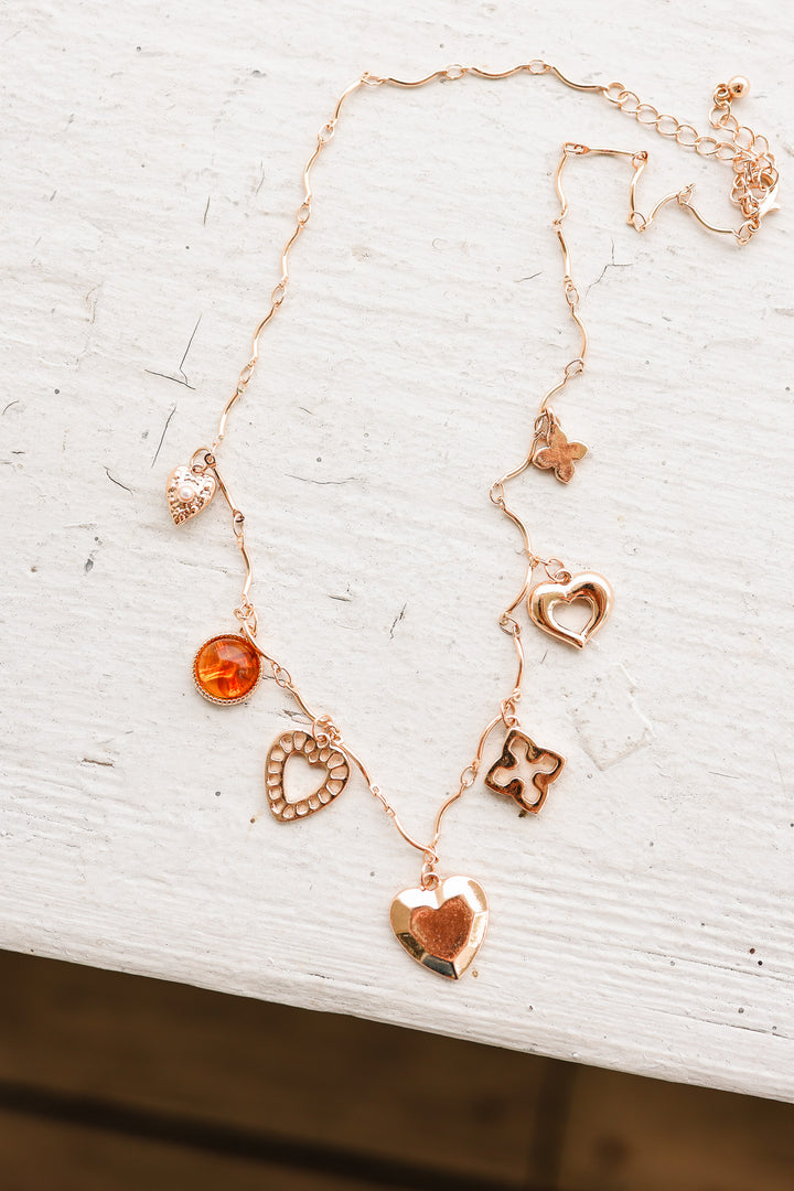 Amber Hearts Clover Stone Charm Necklace