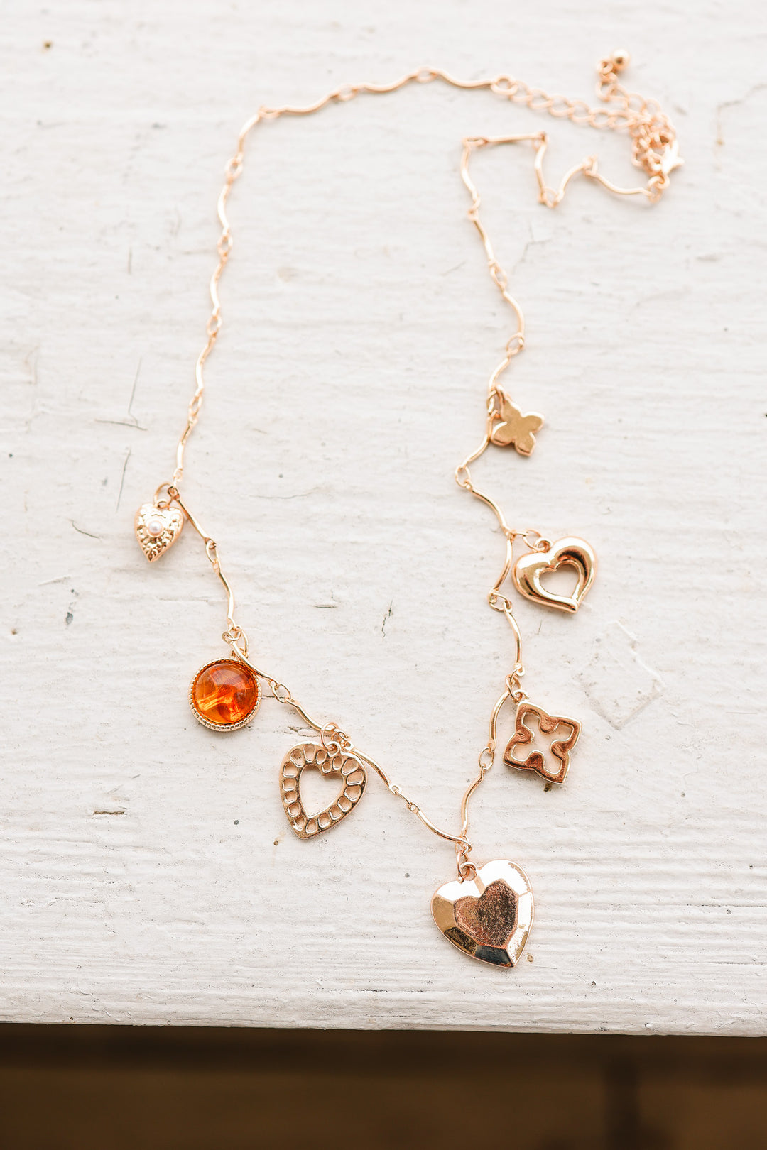 Amber Hearts Clover Stone Charm Necklace