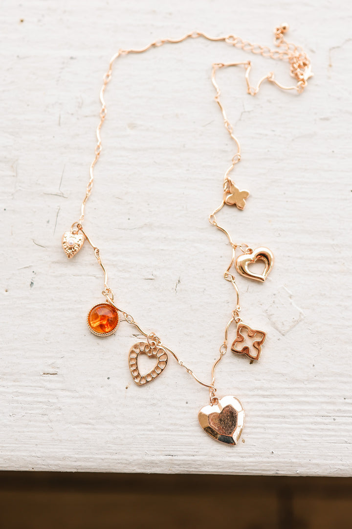 Amber Hearts Clover Stone Charm Necklace