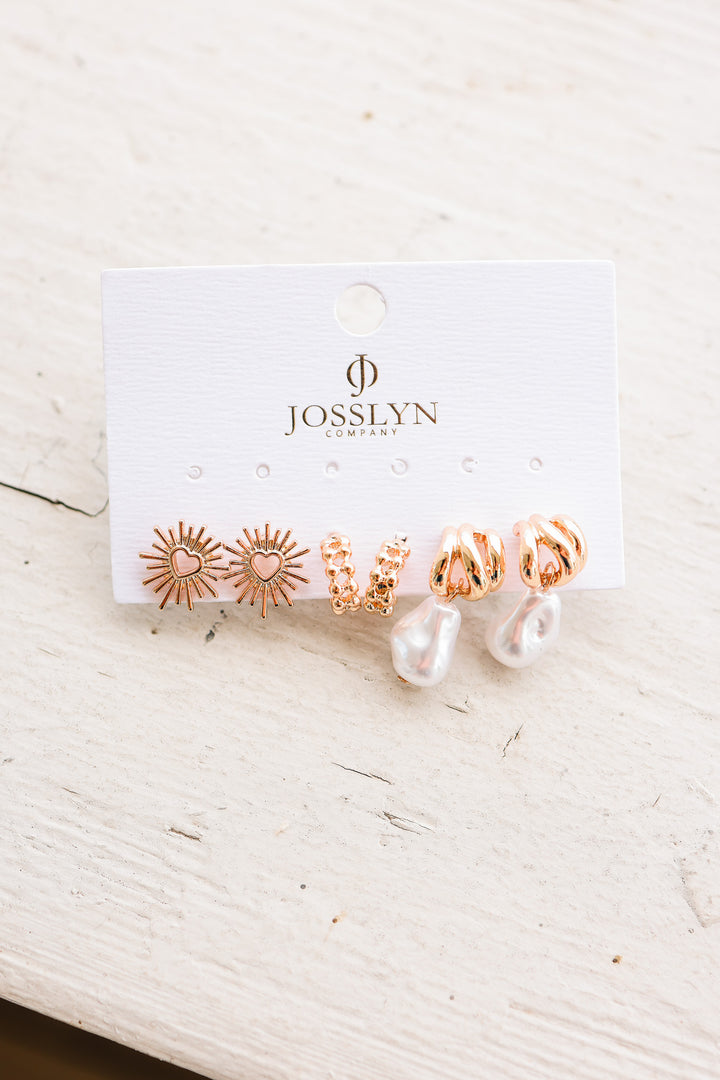 Blazing Heart Pearl Drop Earring Trio