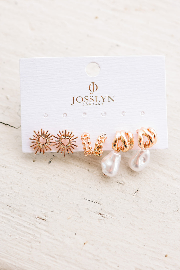 Blazing Heart Pearl Drop Earring Trio