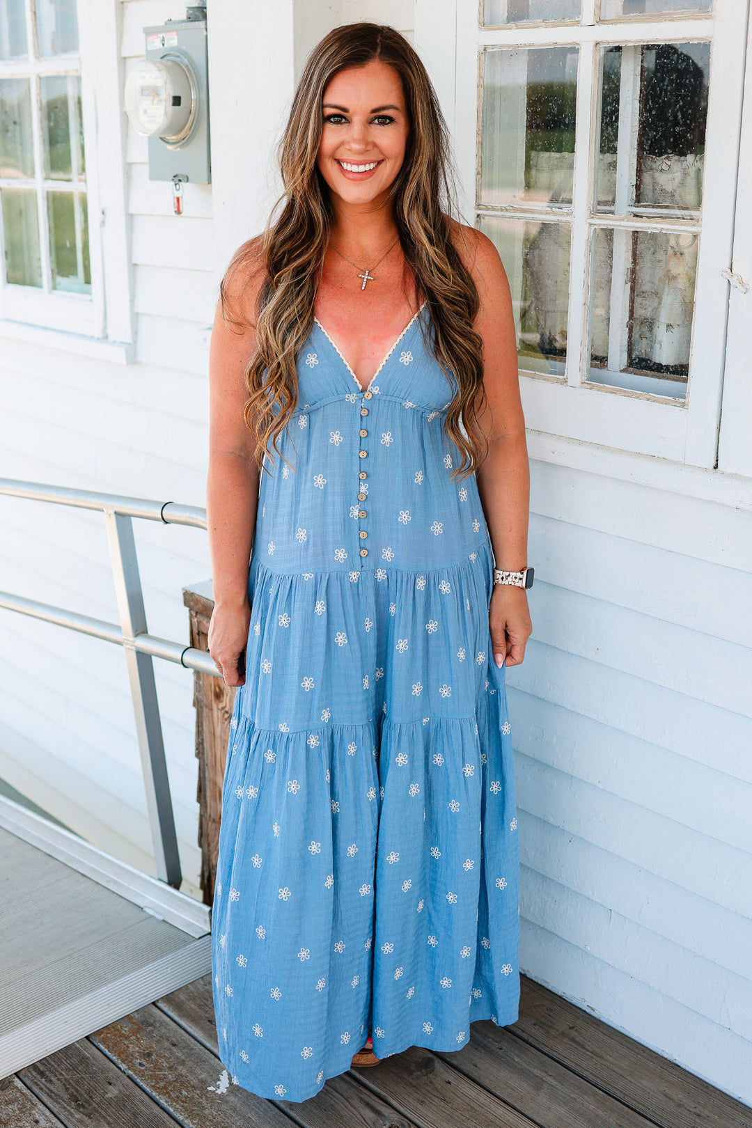 Dovie Floral Embroidered Tiered Midi Dress