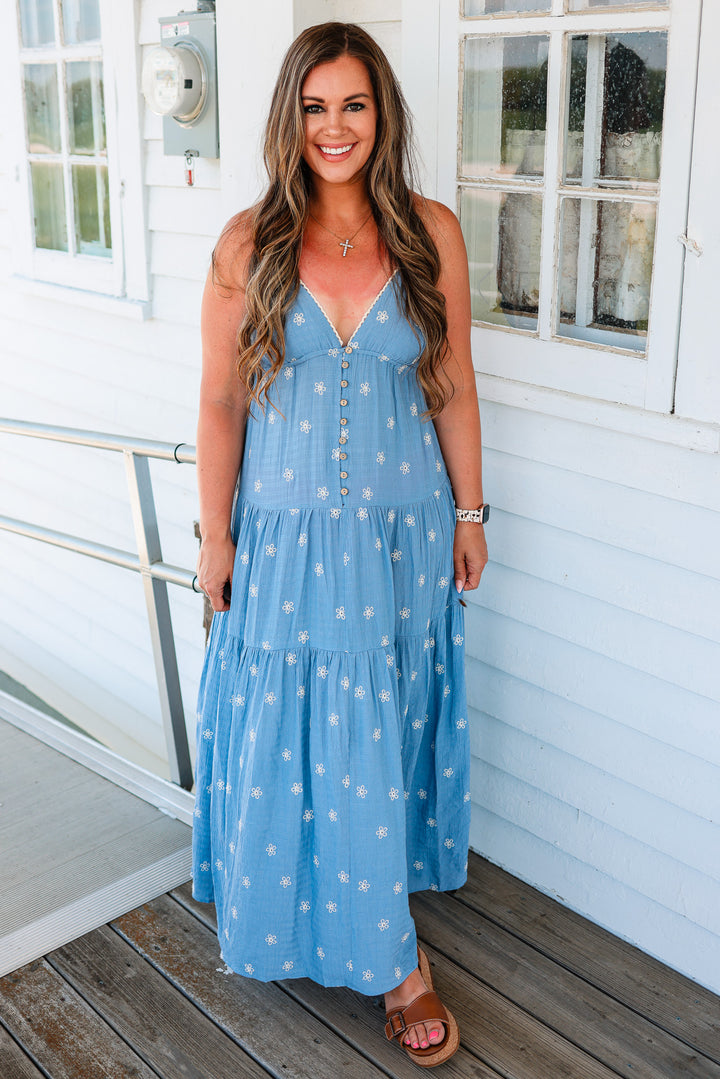 Dovie Floral Embroidered Tiered Midi Dress