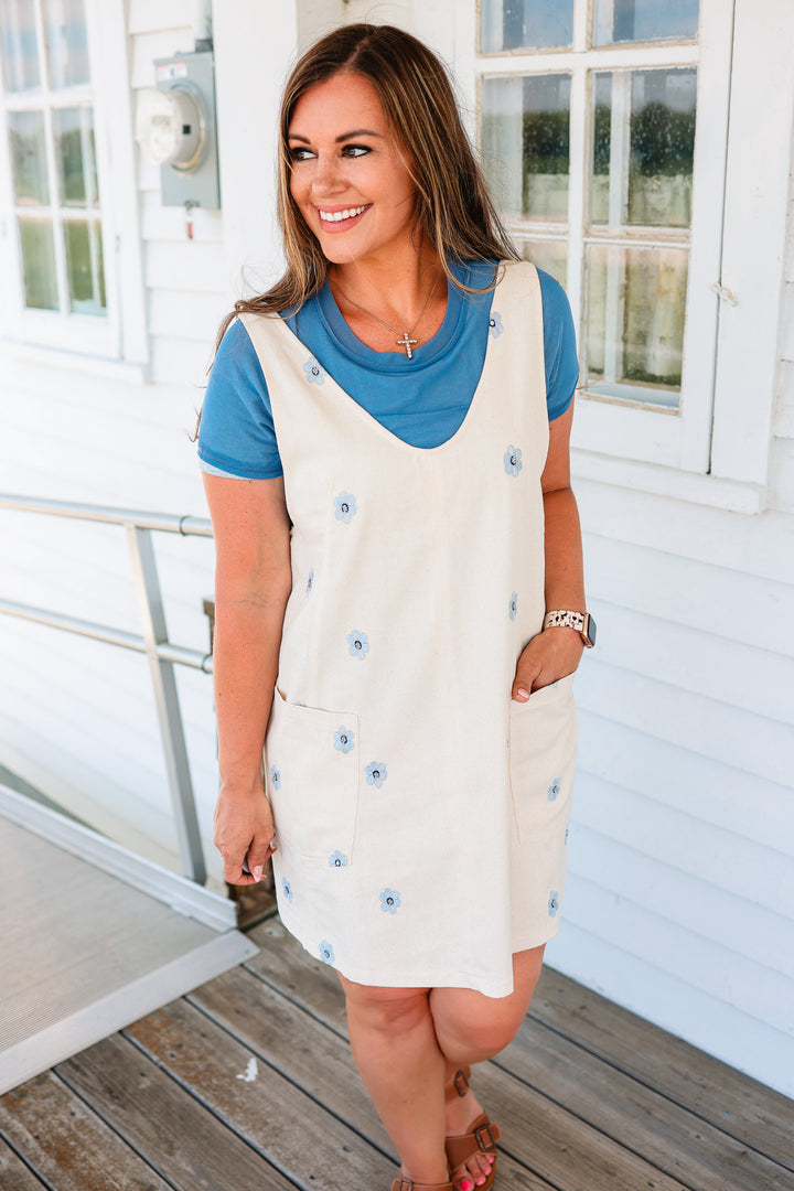 Pia Floral Embroidered Twill Jumper Dress