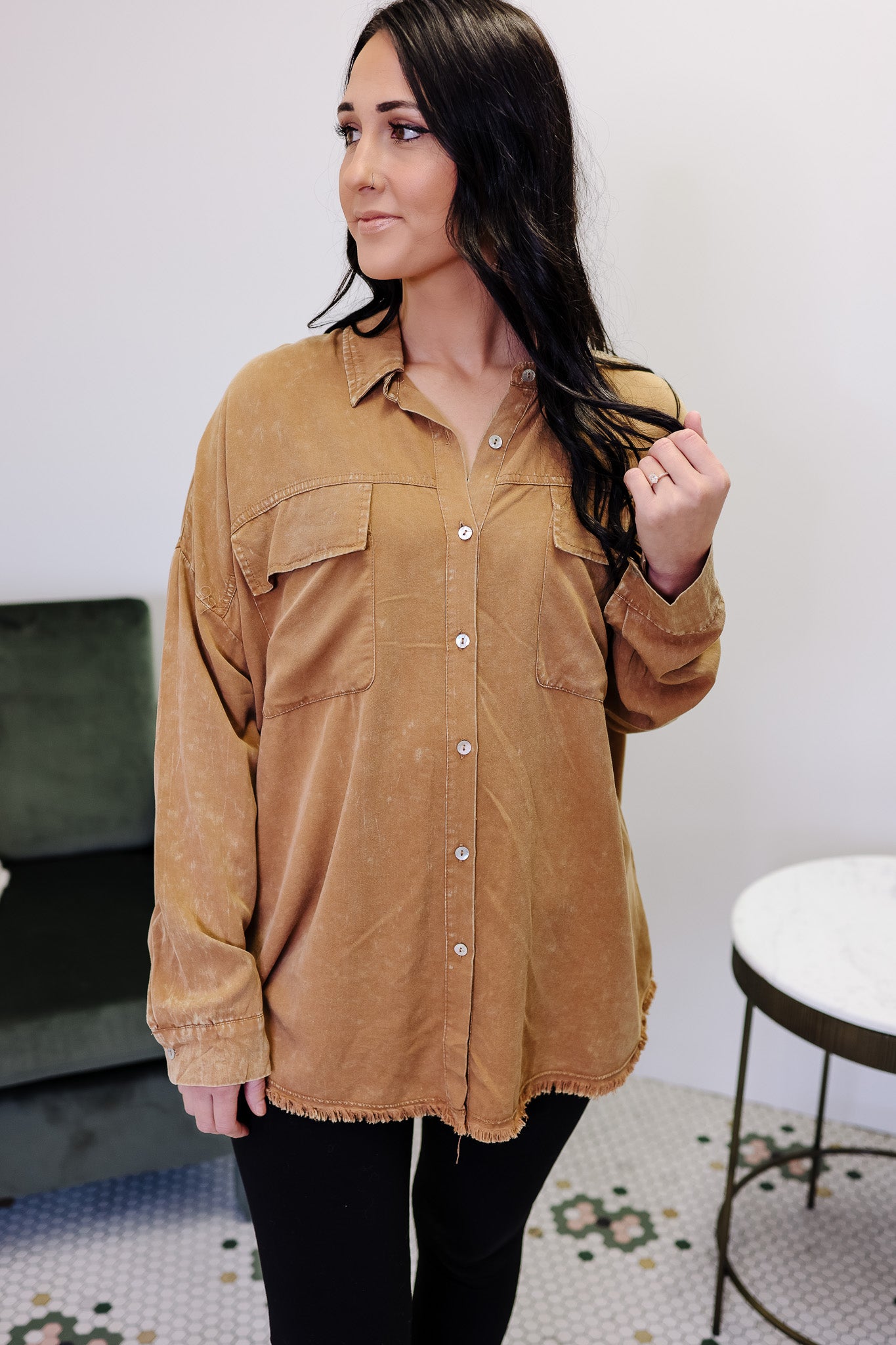 Aria Mineral Wash Fringe Button Down - Camel