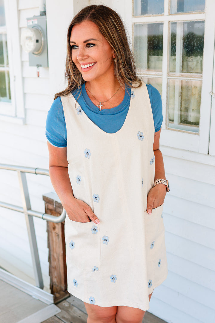 Pia Floral Embroidered Twill Jumper Dress