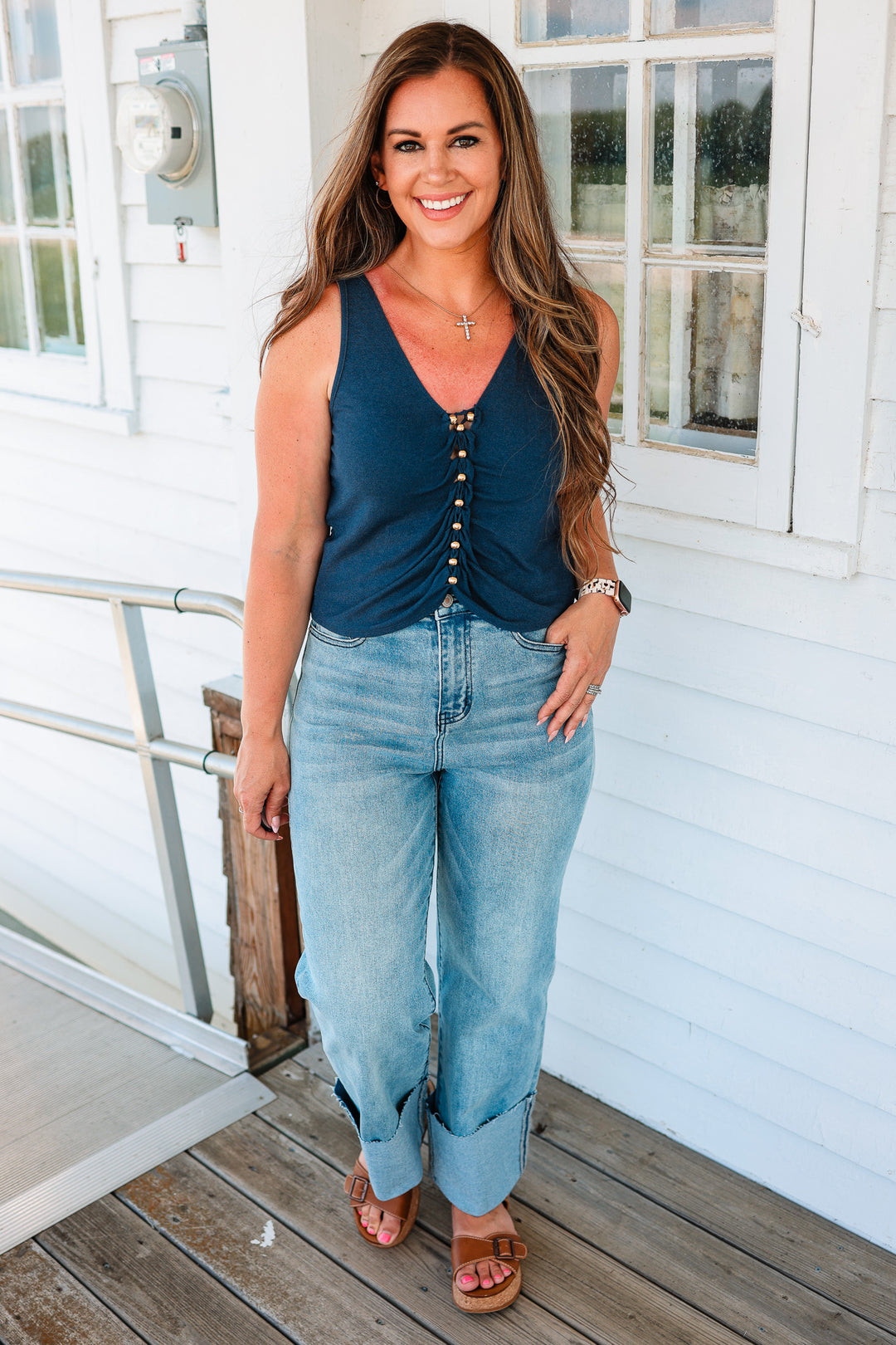 Selah Beaded Tank Top - Navy