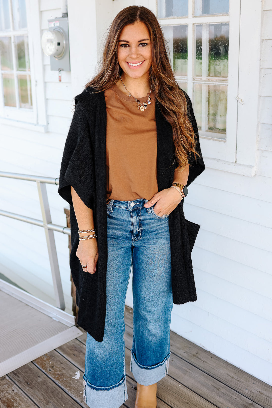 Tara Hooded Sweater Poncho - Black