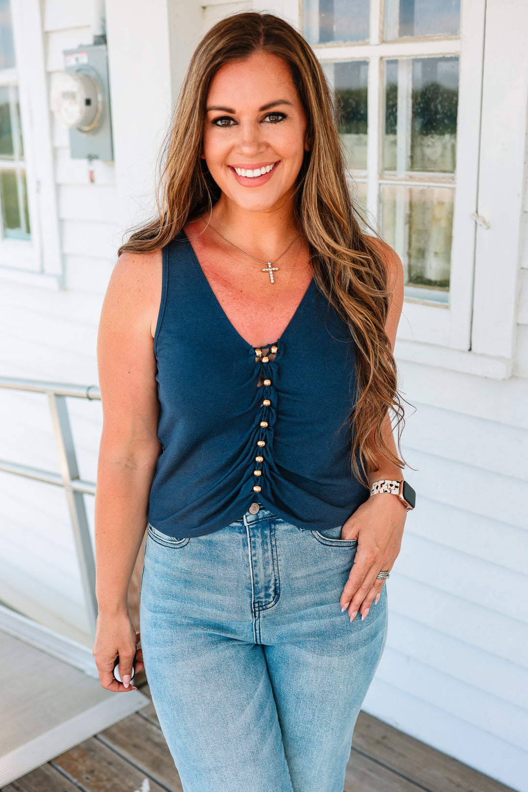 Selah Beaded Tank Top - Navy