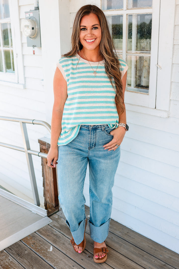 Estelle Two Tone Stripe Muscle Tank - Aquamarine