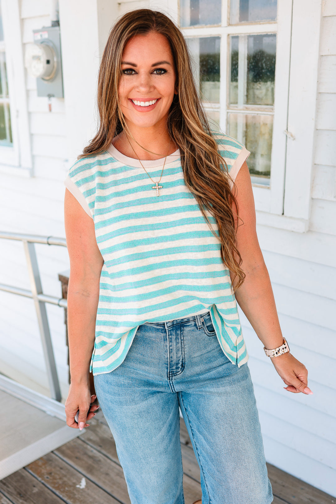 Estelle Two Tone Stripe Muscle Tank - Aquamarine