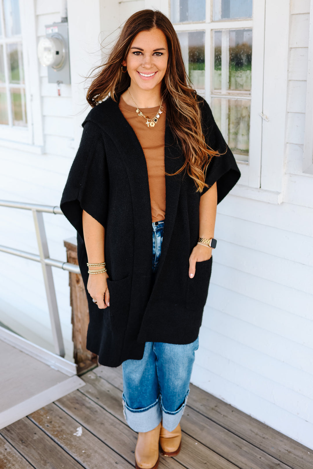 Tara Hooded Sweater Poncho - Black