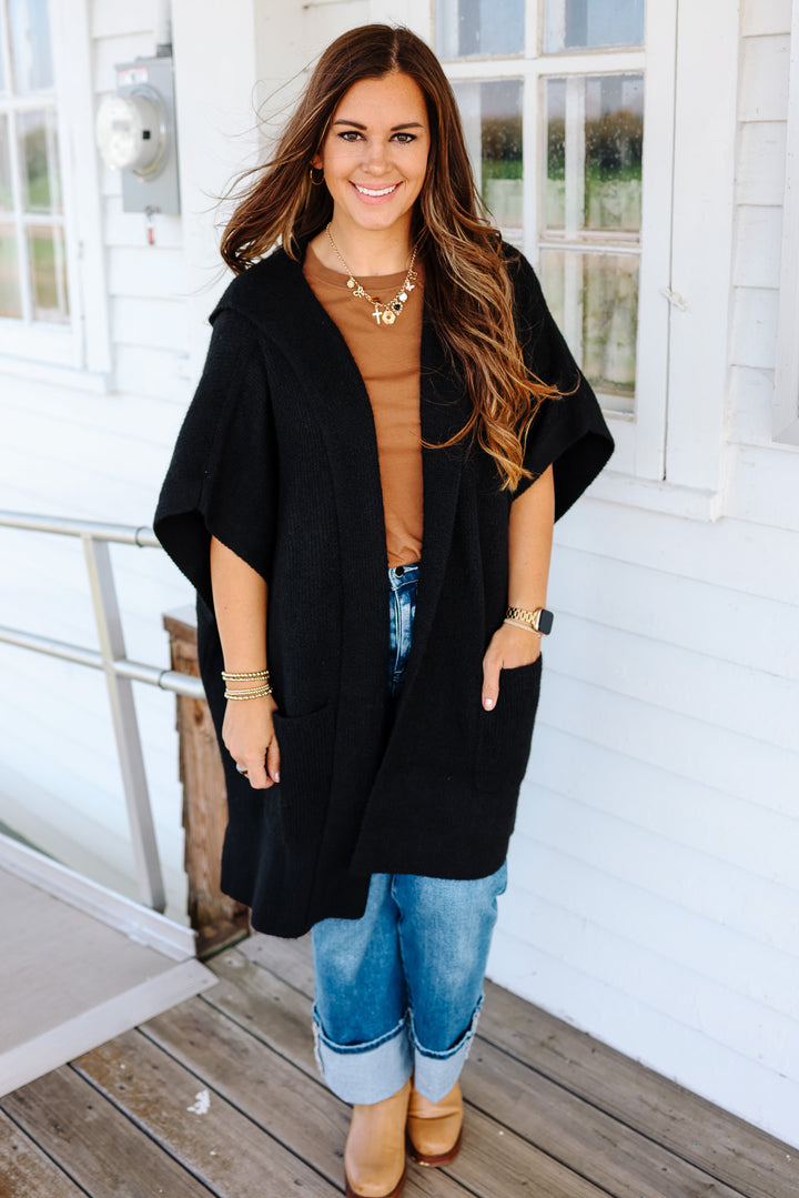 Tara Hooded Sweater Poncho - Black