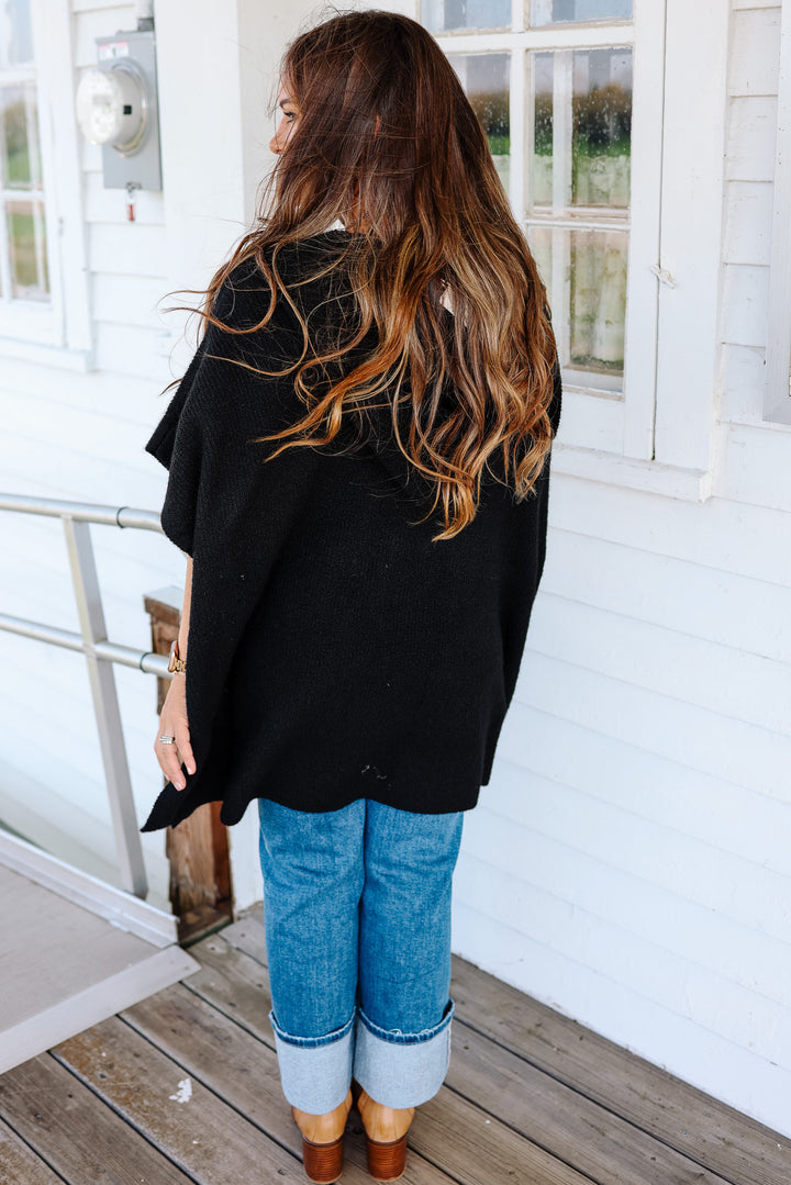 Tara Hooded Sweater Poncho - Black
