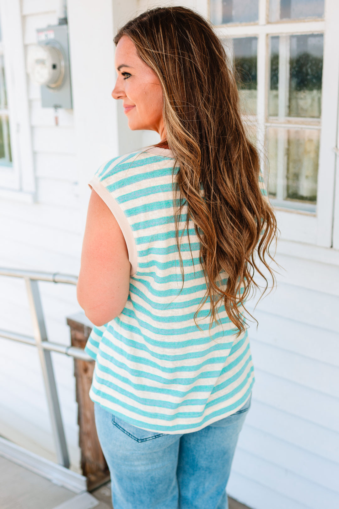 Estelle Two Tone Stripe Muscle Tank - Aquamarine