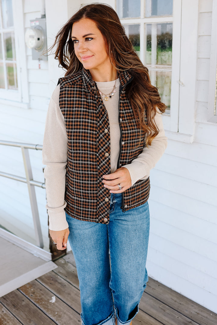 Lenora Plaid Puffer Vest - Taupe