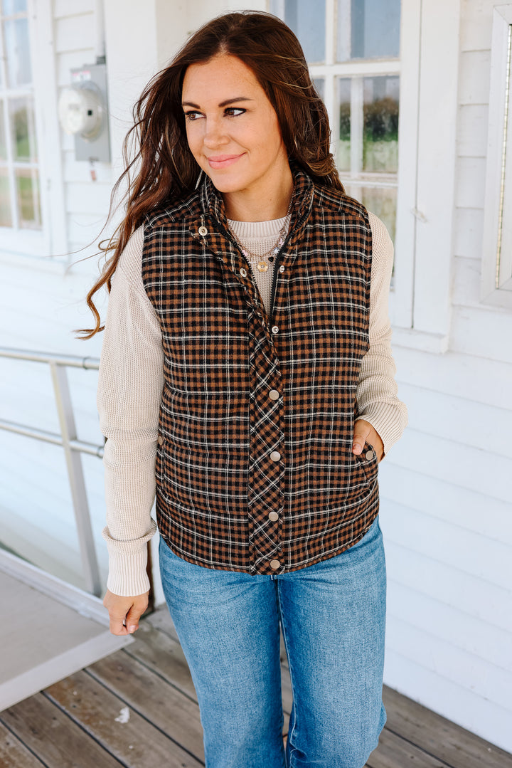 Lenora Plaid Puffer Vest - Taupe