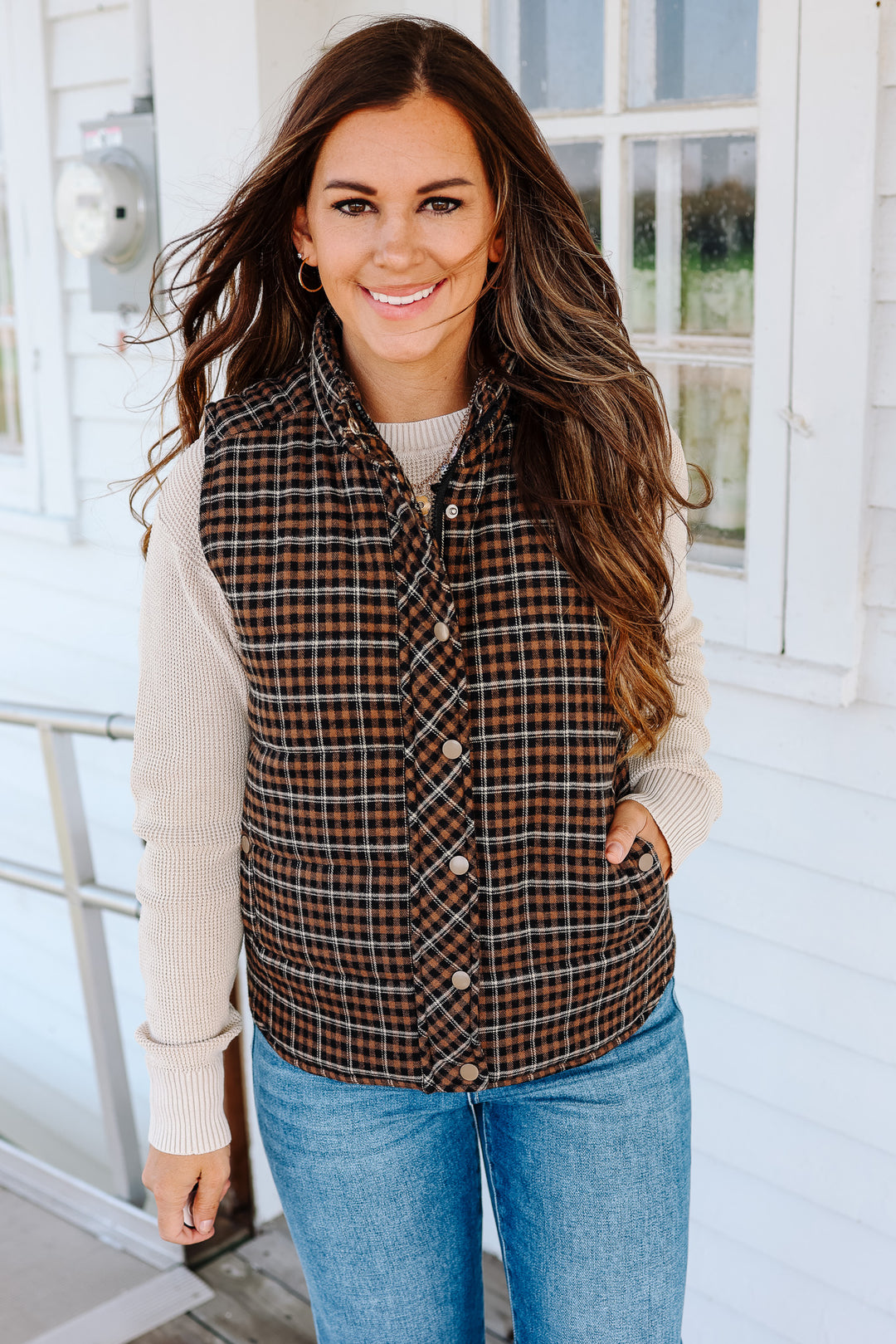 Lenora Plaid Puffer Vest - Taupe