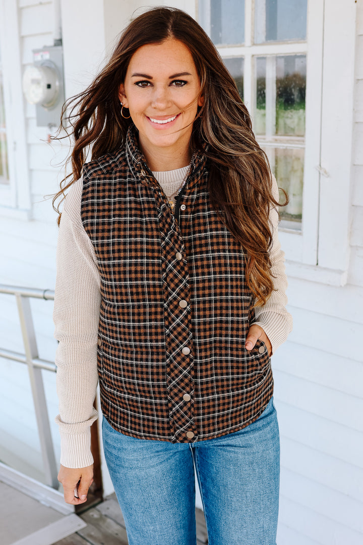 Lenora Plaid Puffer Vest - Taupe