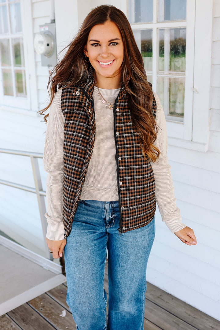 Lenora Plaid Puffer Vest - Taupe