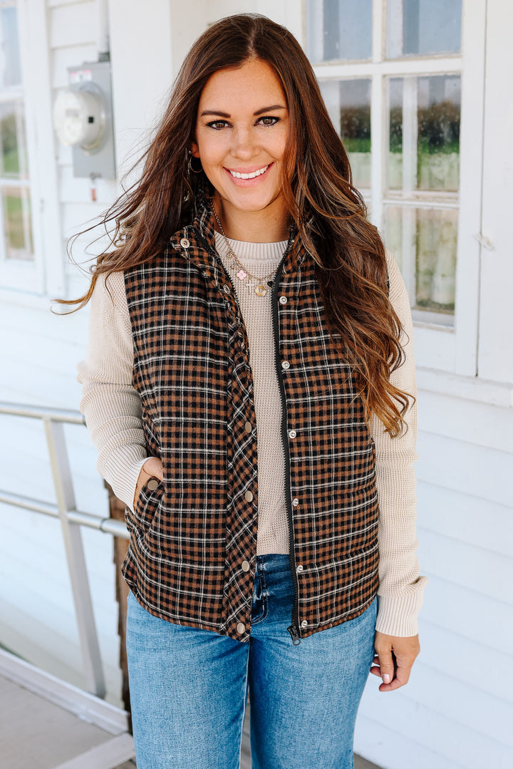 Lenora Plaid Puffer Vest - Taupe