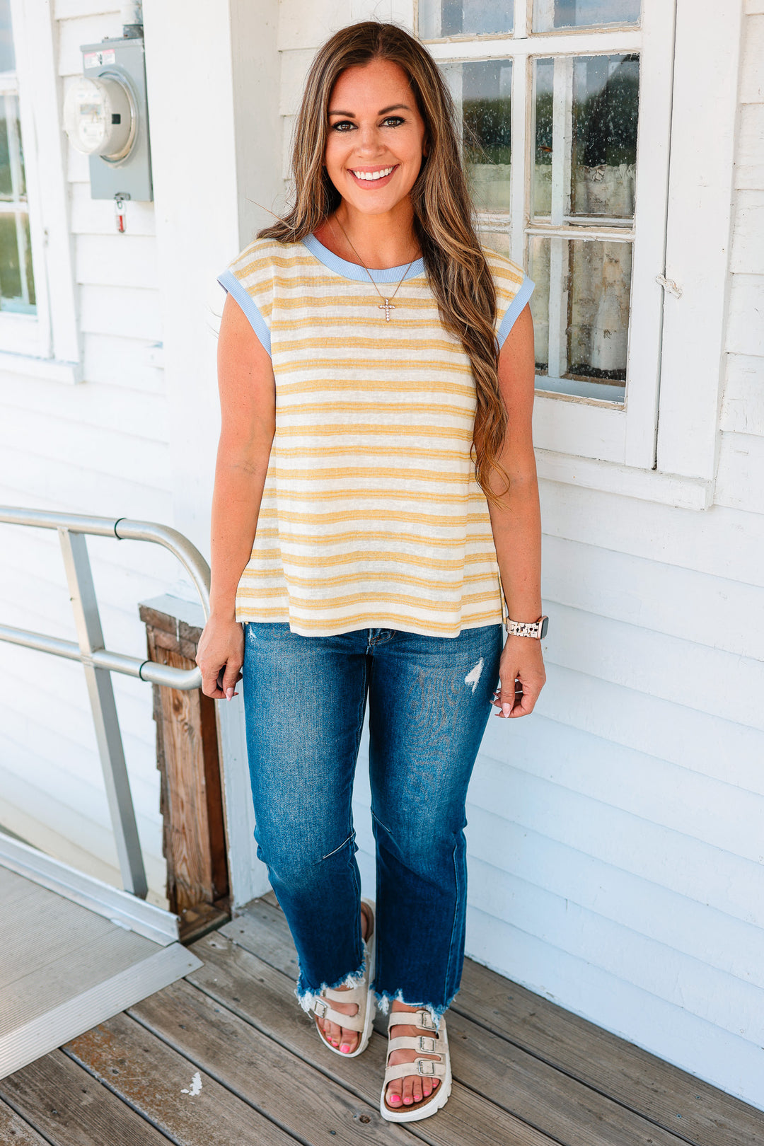 Estelle Two Tone Stripe Muscle Tank - Lemon Blueberry
