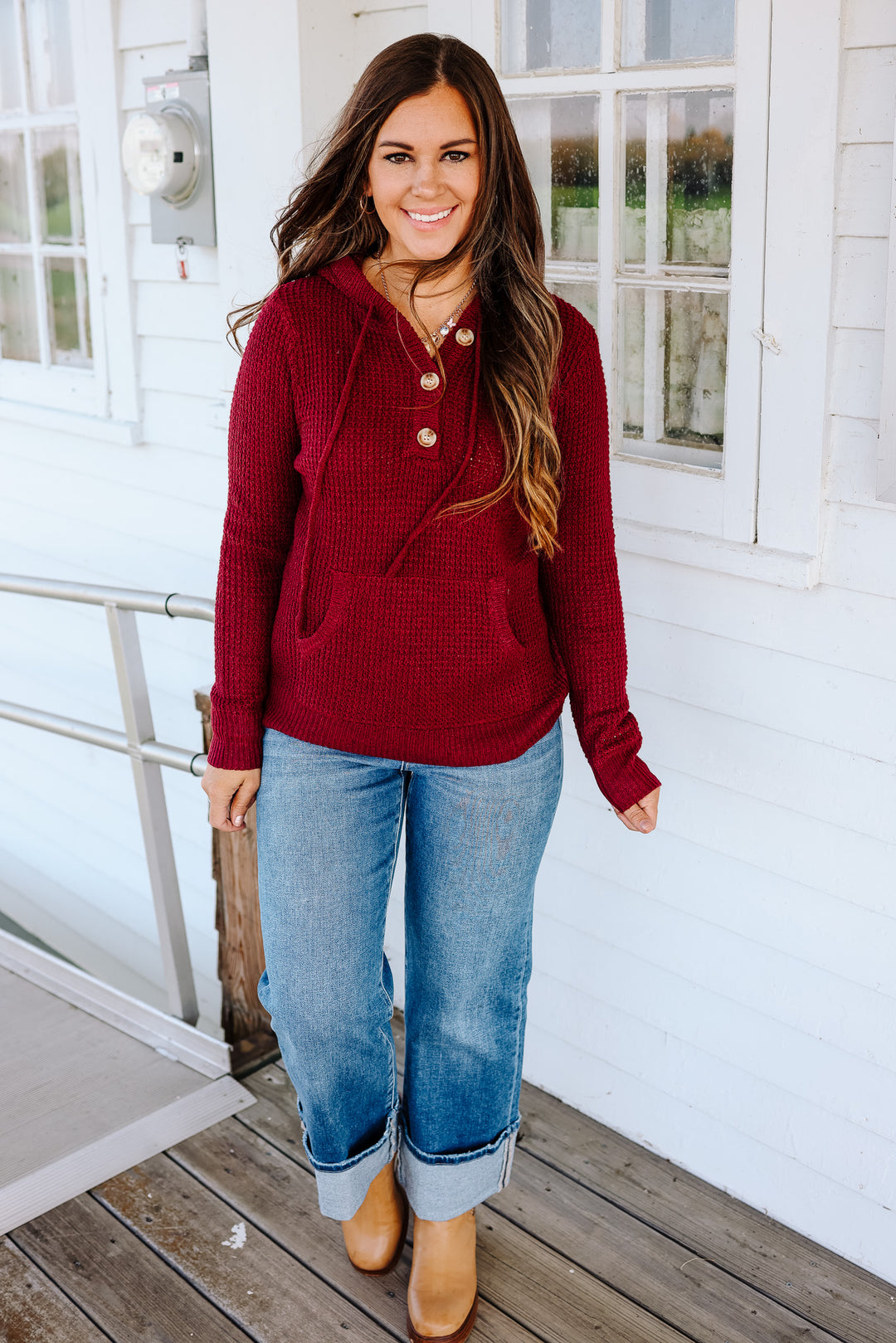 Devyn Waffle Knit Hoodie - Burgundy