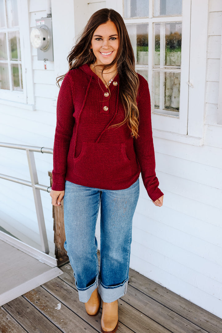 Devyn Waffle Knit Hoodie - Burgundy